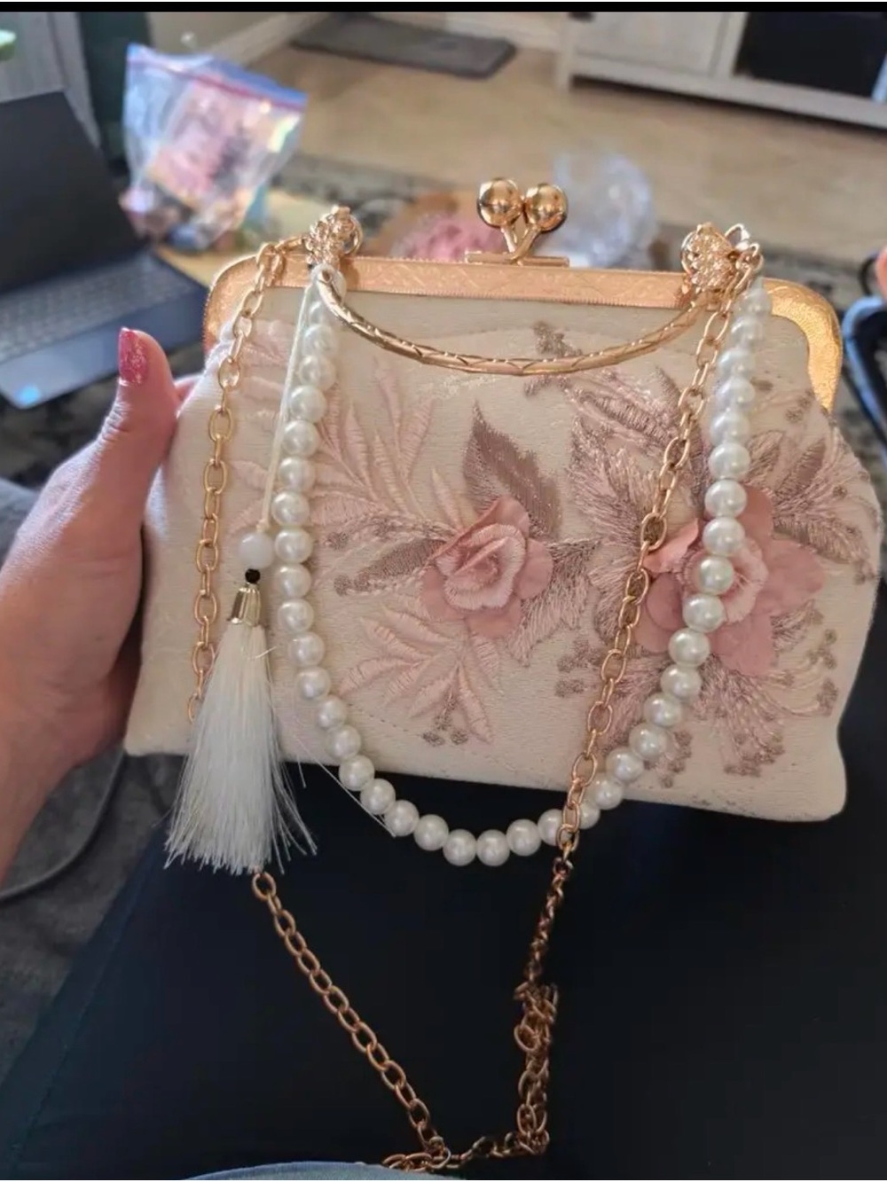 Source Unknown Pink Floral Pearl-Chain Shoulder Bag with Gold Accents